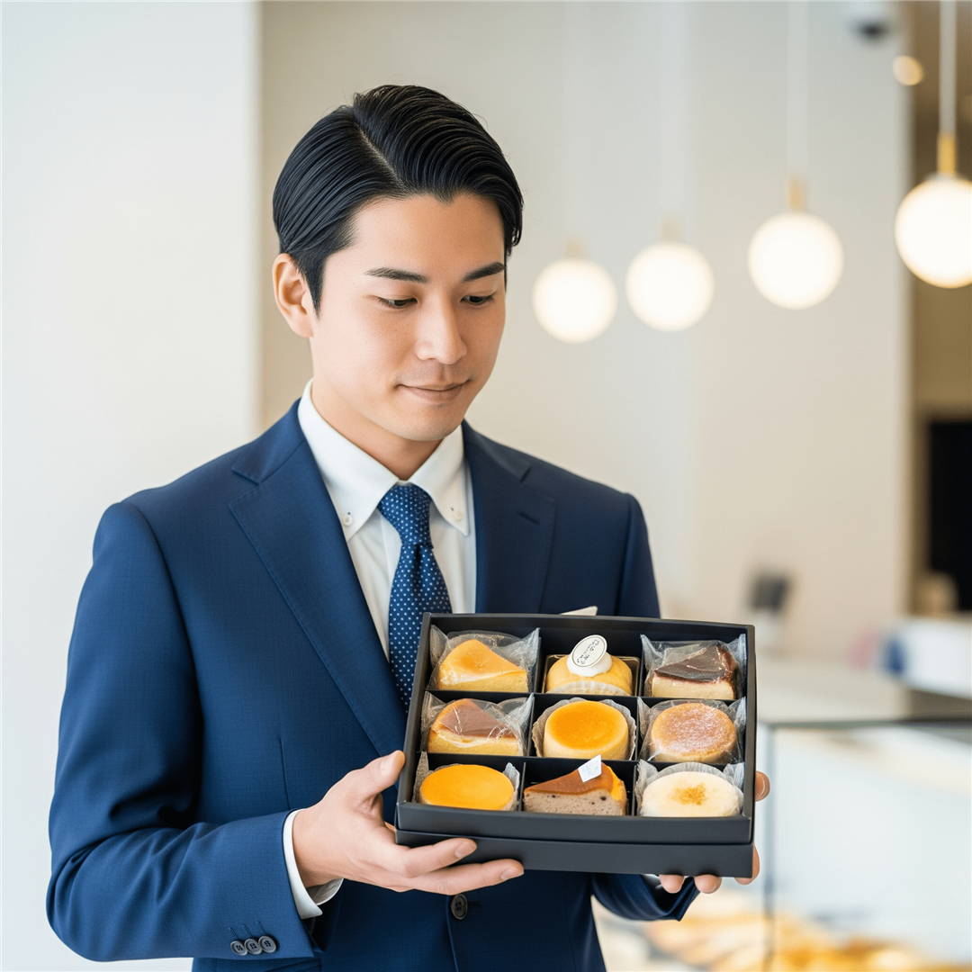 おしゃれな箱に入った手土産用チーズケーキを持つ手元