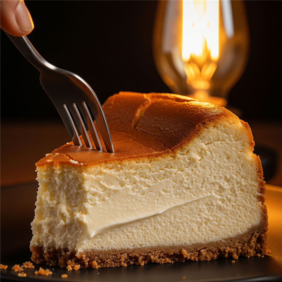 フォークで切った濃厚チーズケーキの断面